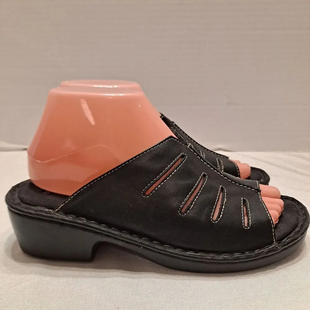 Dr. Scholl's Women's Reba Leather Slide Sandals Sz 6.5 Black Cutout Design
